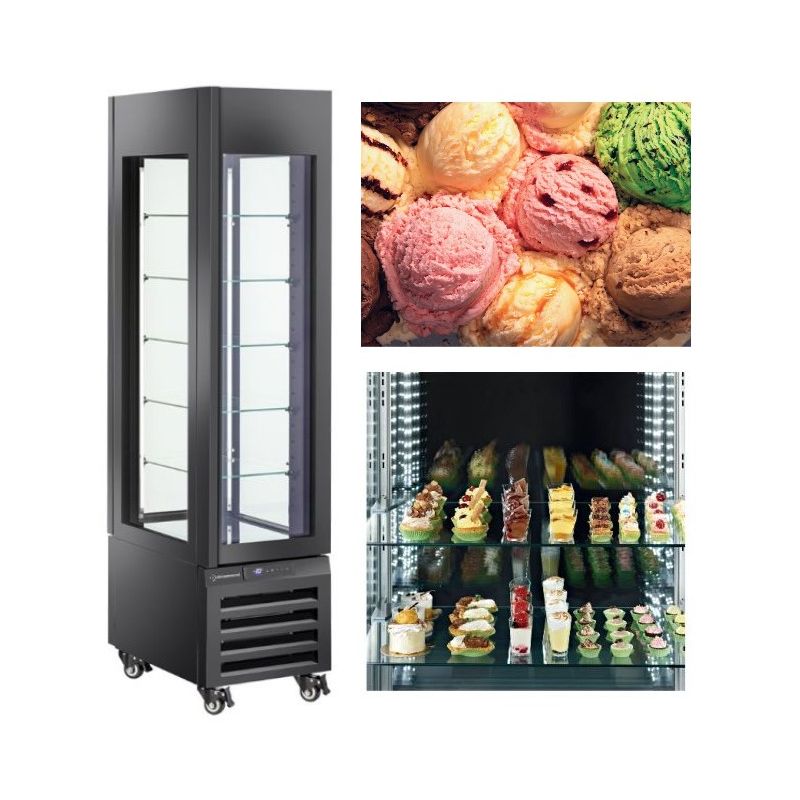 Vitrine "FULL vitrée" 260 Lt., 5 niveaux en verre, ventilée - ICE CREAM & PASTRY - NOIR