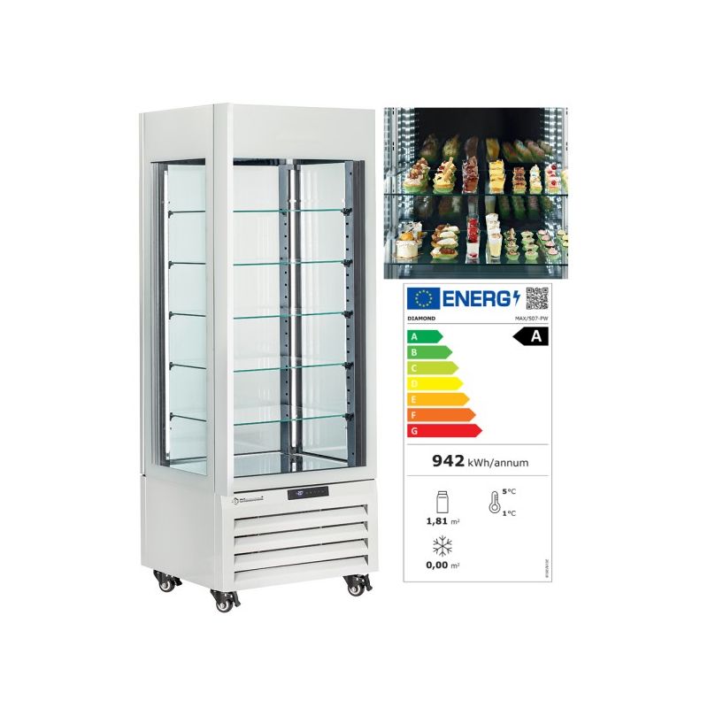 Vitrine "FULL vitrée" 440 Lt., 5 niveaux en verre, ventilée - PASTRY - BLANC
