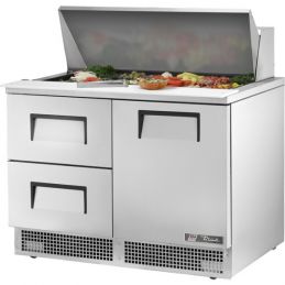 Table de préparation, 18 bacs GN 1/6, 2 tiroirs + 1 porte battante pleine, TRUE