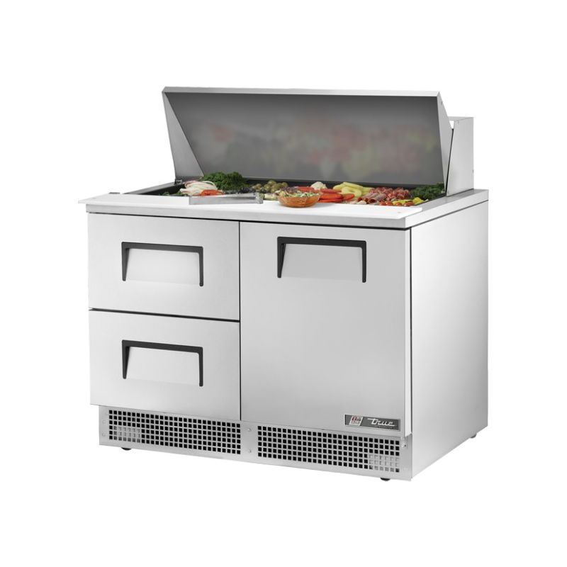 Table de préparation, 18 bacs GN 1/6, 2 tiroirs + 1 porte battante pleine, TRUE