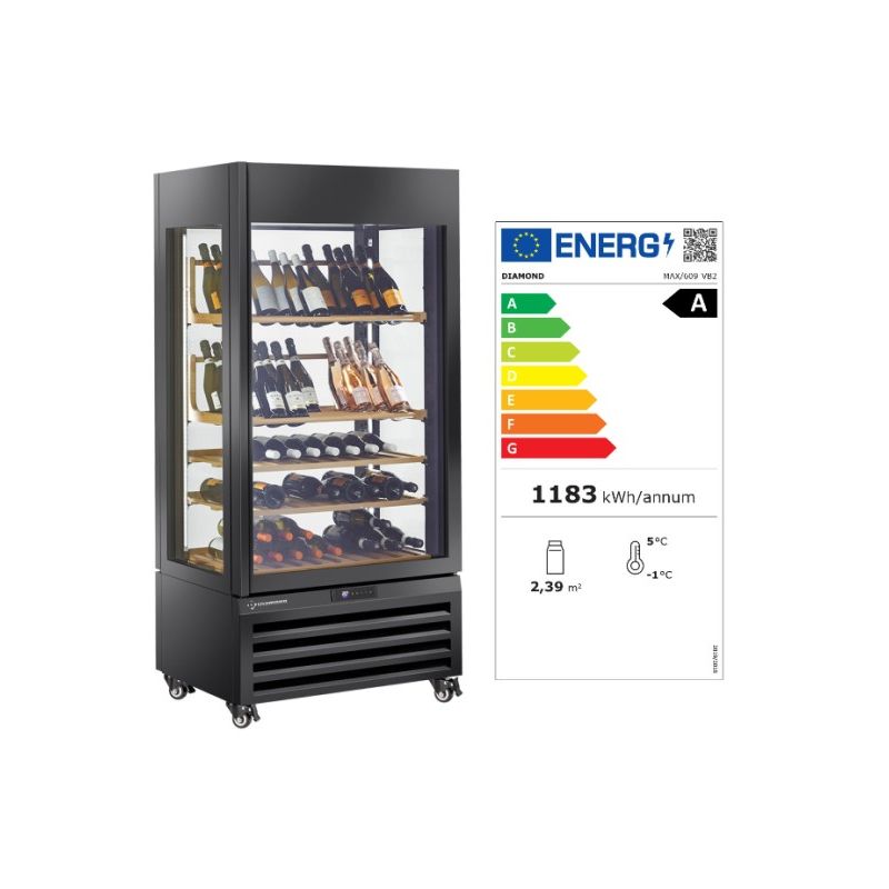 Vitrine "FULL vitrée" 600 Lt., 1 niveau + 4 étagères, ventilée - WINE - NOIR