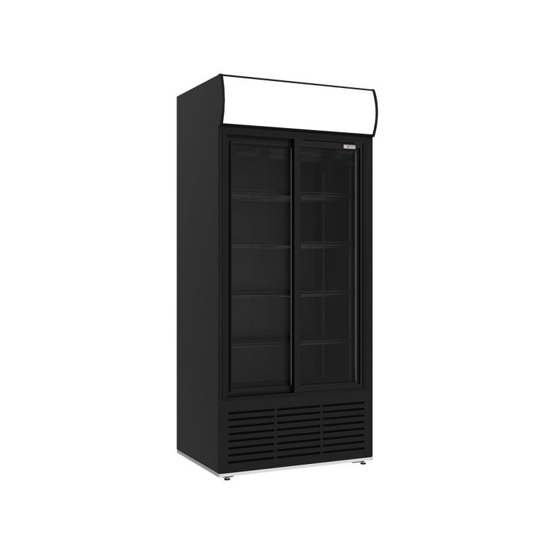 Vitrine ventilée positive, 783 litres, 2 portes coulissantes, avec caisson lumineux, NOIRE