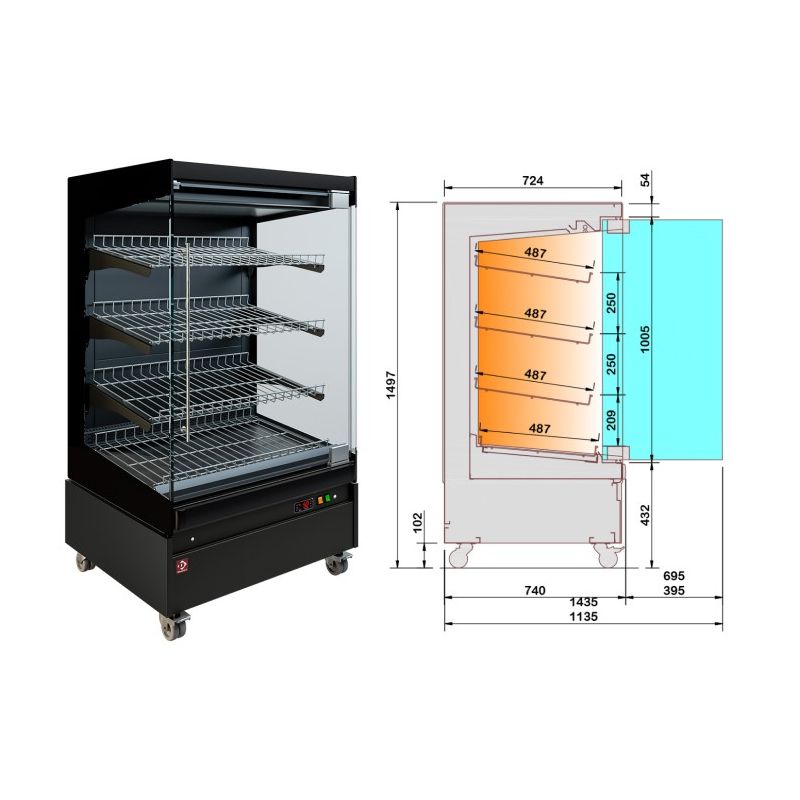 Vitrine chauffante, libre-service, avec porte vitrée, sur roues - FULL BLACK
