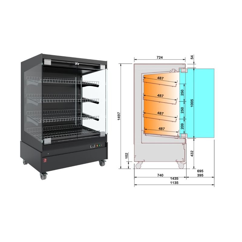 Vitrine chauffante, libre-service, avec porte vitrée, sur roues - FULL BLACK
