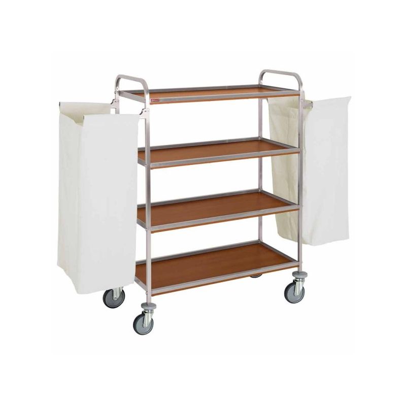 Chariot à linge inox, 4 niveaux, avec 2 sacs - chêne foncé