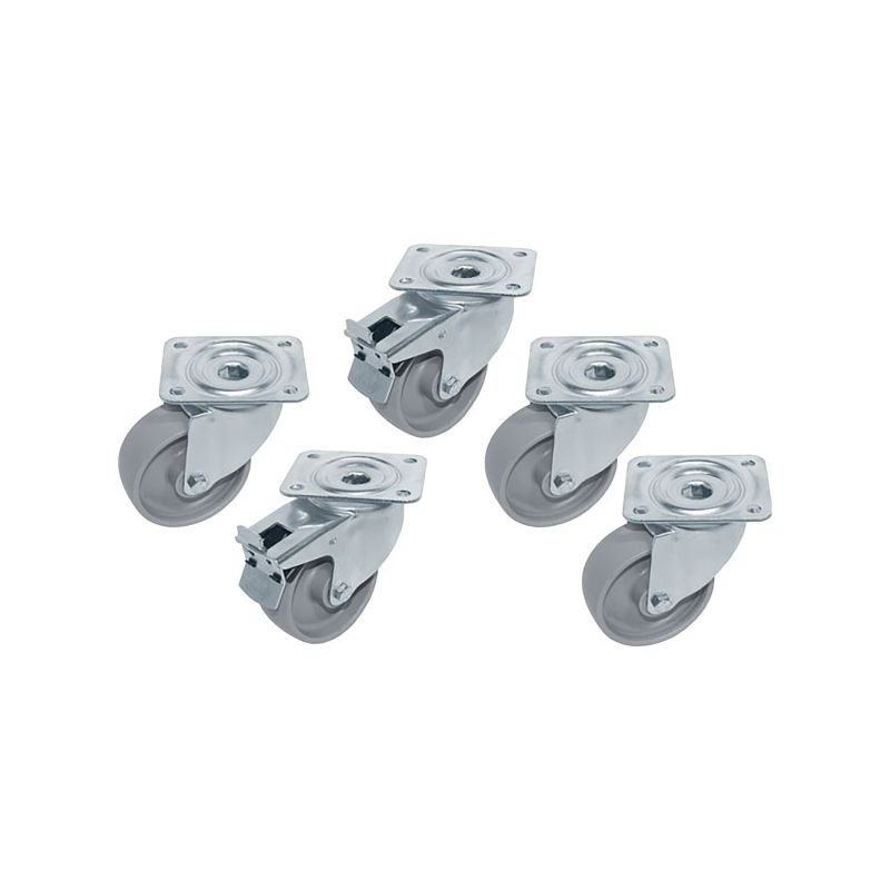 Kit 5 Roues inox pour tables, pivotantes, 2x avec freins