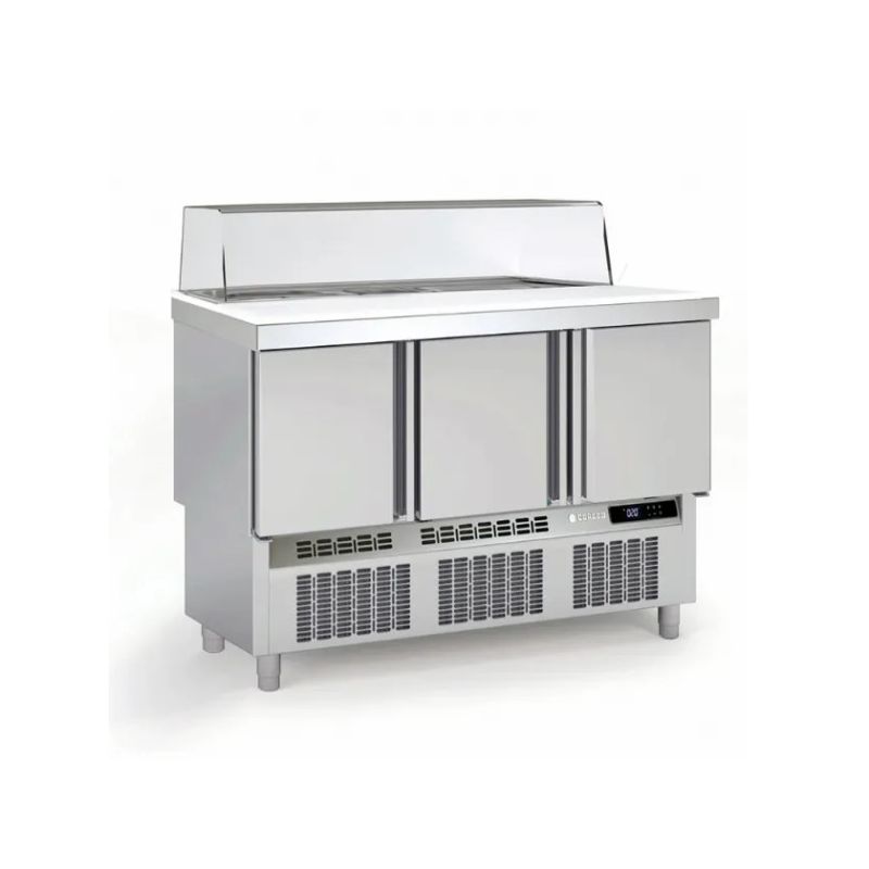 Saladette réfrigérée professionnelle inox 700 positive 3 portes avec pare-haleine en verre
