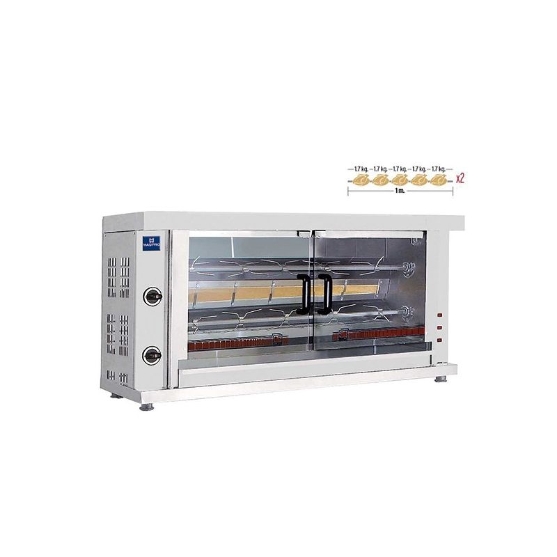 Rôtissoire à poulets à gaz avec éclairage et 2 broches pour 8-10 poulets - 1320x460x680 mm