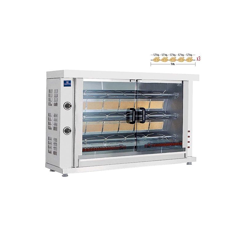 Rôtissoire à poulets à gaz avec éclairage et 3 broches pour 12-15 poulets - virtus