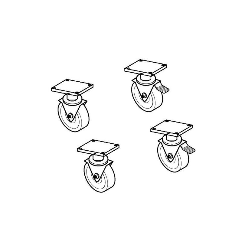 4 roulettes, 2 avec frein, acier chromé