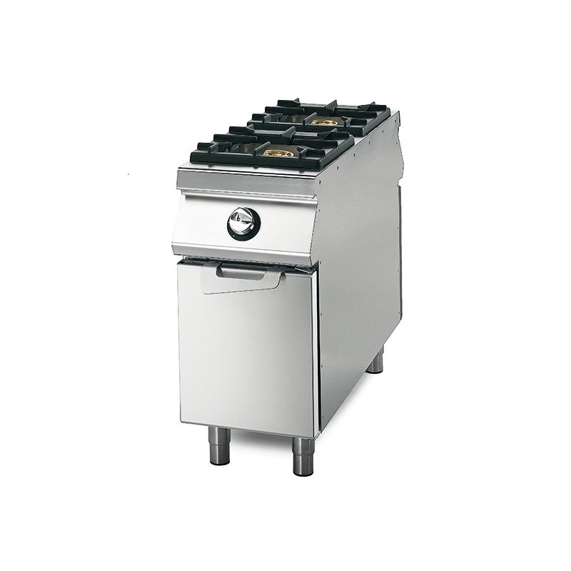 Cuisinière à gaz avec 2 brûleurs sur coffre avec portes, tableau de contrôle sur deux côtés