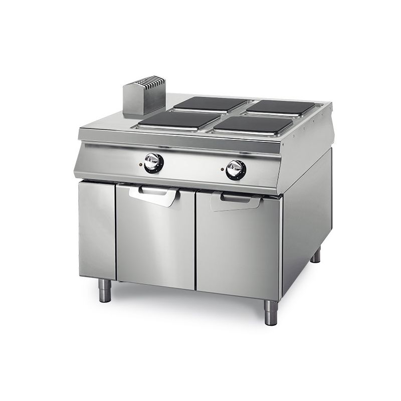 Cuisinière électrique avec 4 plaques sur coffre avec portes, tableau de contrôle sur deux côtés