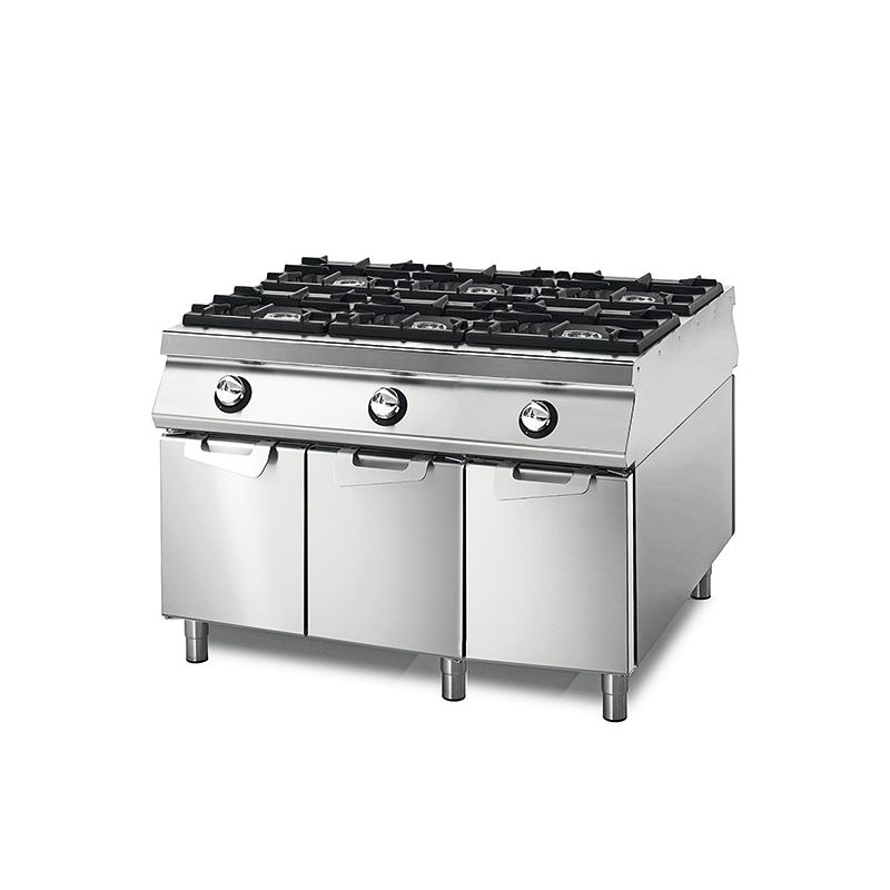 Cuisinière à gaz professionnelle sur coffre avec portes avec 6 brûleurs de 5.5 à 7.5kw