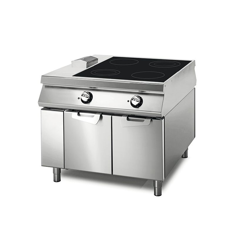 Plaque induction professionnelle triphasé avec 4 plaques ø 280 mm sur coffre avec portes