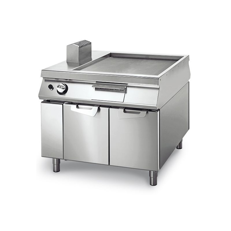 Fry-top gaz professionnel sur coffre avec portes et plaque lisse 900x735 mm - 14 000 w