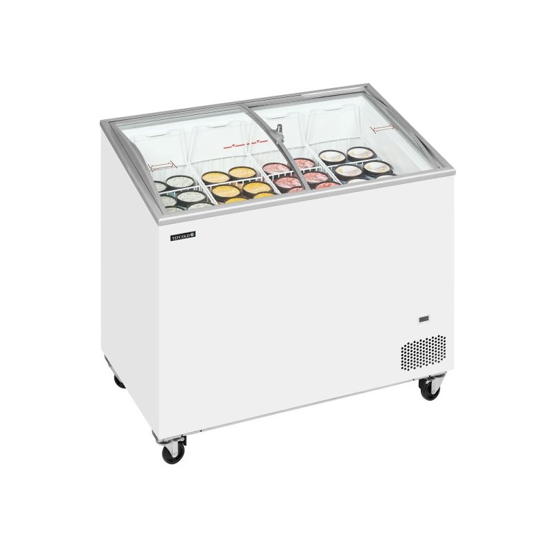 Congélateur coffre avec couvercles coulissants vitrés bombés