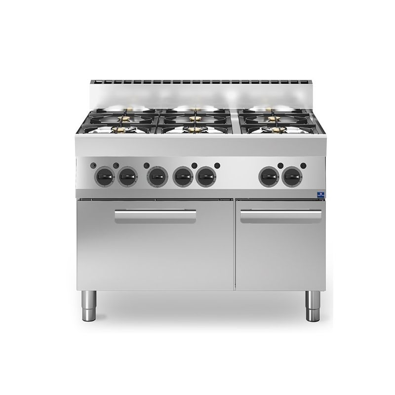 Cuisinière à gaz, 6 brûleurs, 1 four à gaz, 1 armoire fermée