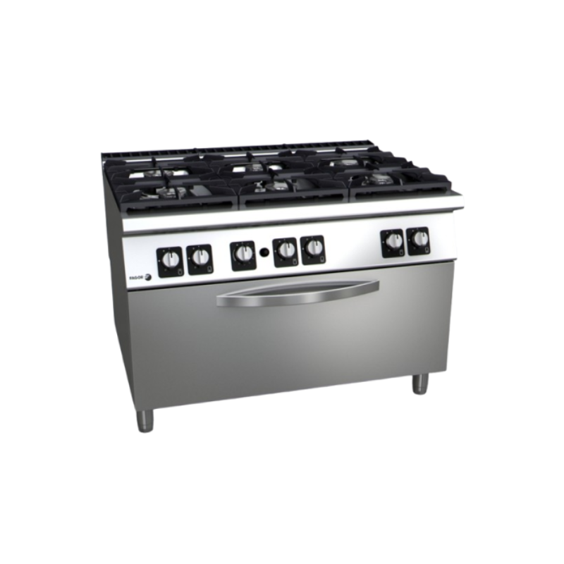 Fourneau professionnel 6 feux gaz avec four statique panoramique FAGOR